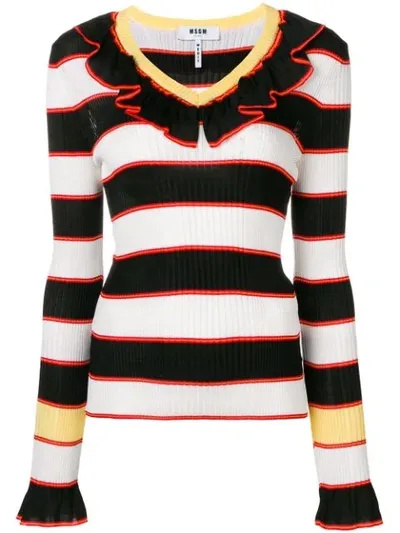 Msgm Striped Ruffle Trim Sweater In Black