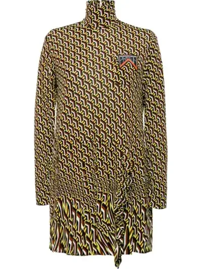 Prada Printed Jersey Dress With Ruching In Green