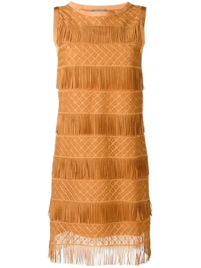 Alberta Ferretti Fringe Shift Dress In Brown