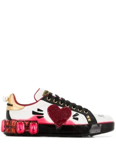 Dolce & Gabbana Portofino Heart Melt Jeweled Sneakers In White/red