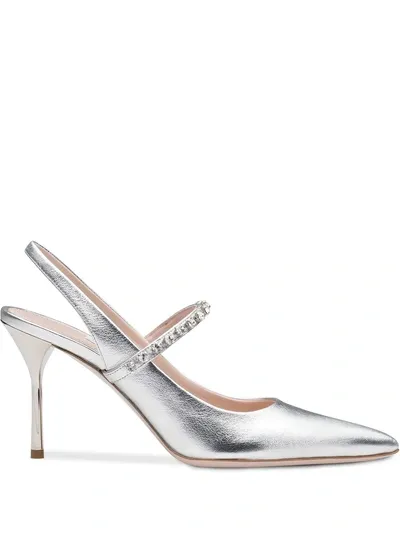 Miu Miu Slingback-pumps Mit Kristallen In Silber