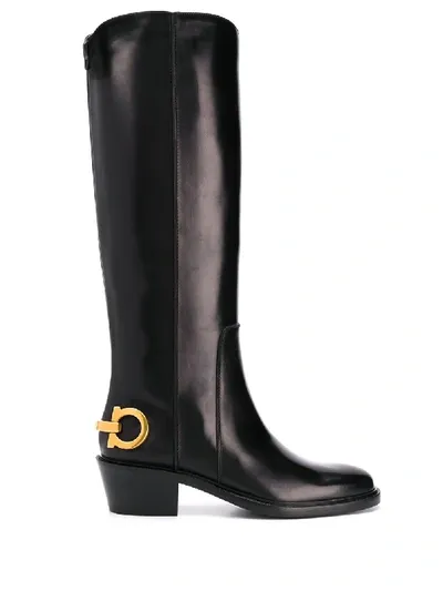 Ferragamo Logo Knee-length Boots In Black