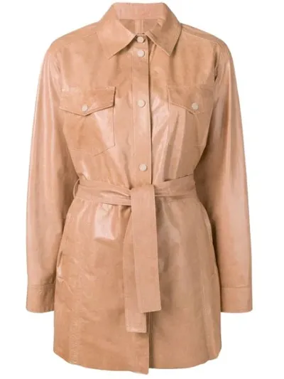 Drome Belted Leather Shirt-coat In Beige