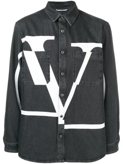 Valentino Maxi Vlogo Denim Shirt In Black