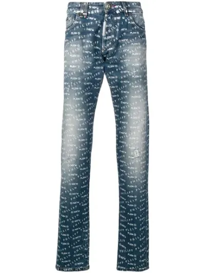 Philipp Plein Logo Print Straight Leg Jeans In Blue