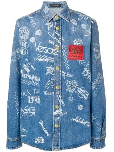 Versace Printed Denim Shirt In Blue