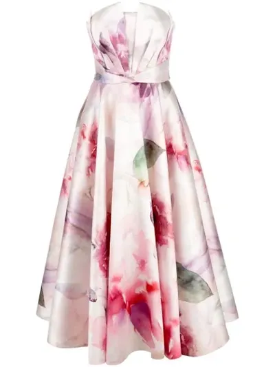 Marchesa Notte Strapless Printed Mikado Midi Dress In White