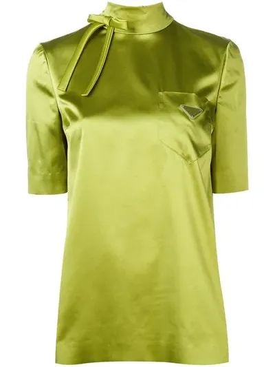 Prada High-neck Silk-blend Technical-satin Blouse In Felce