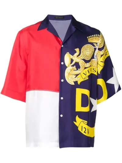 Versace Panelled Logo-print Short-sleeved Silk Shirt In Blue