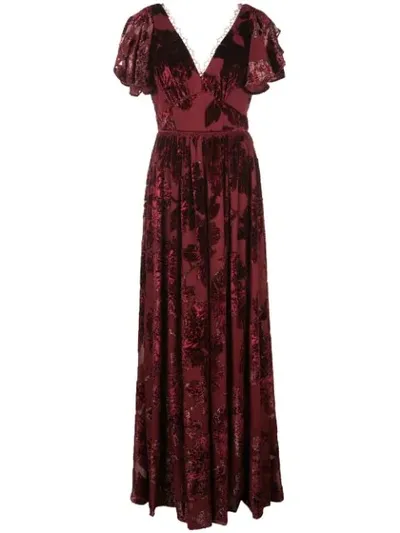 Marchesa Notte Florales Abendkleid Mit V-ausschnitt In Red