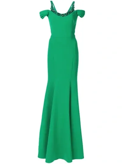 Marchesa Notte Cold Shoulder Gown With Beaded Embellishment In Green