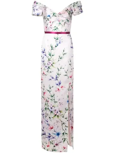 Marchesa Notte Off Shoulder Printed Mikado Gown In Pink