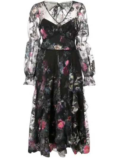 Marchesa Notte Bishop Sleeve Midi-tea Dress In Black