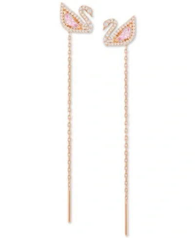 Swarovski Rose Gold-tone Crystal Swan & Removable Chain Drop Earrings In Pink