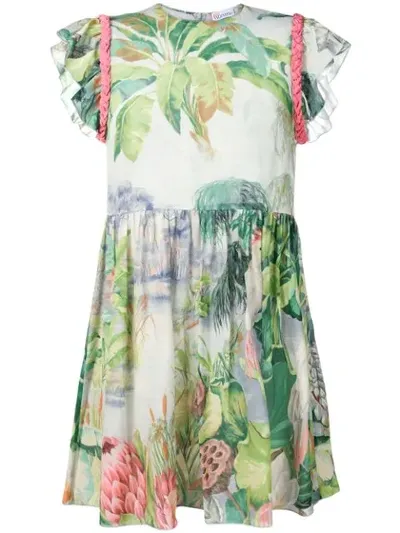 Red Valentino Floral Print Mini Dress With Braided Shoulders In Grey