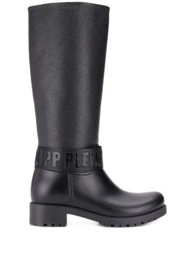 Philipp Plein Logo Strap Knee-high Boots In Black