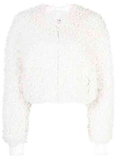 Tibi Faux Shearling Fur Cropped Bomber Jacket In Ivory