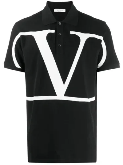 Valentino V-logo Black Short Sleeve Pique Polo In Black White