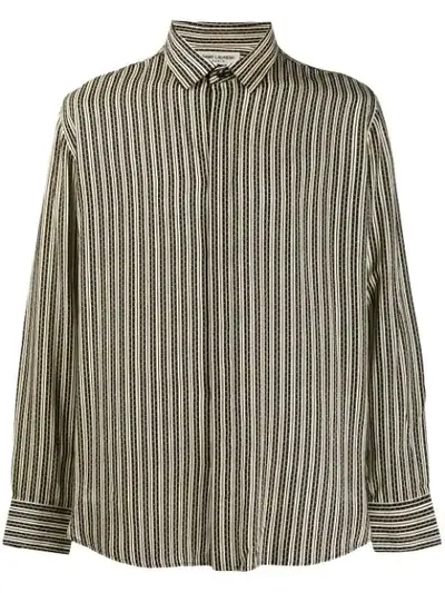 Saint Laurent Linen Shirt With Stripes And Polka Dots In Neutrals