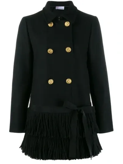 Red Valentino Fringed Hem Peacoat In Black