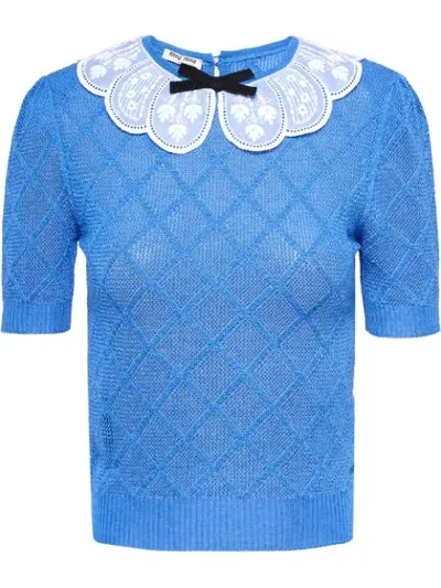 Miu Miu Lace Collar Knit Top In Blue