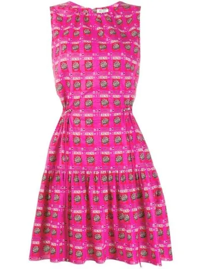 Kenzo Printed Sleeveless Cotton Flare Dress In Deep Fuschia