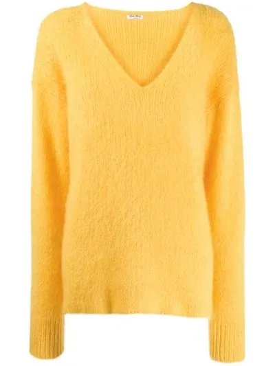 Miu Miu Mohair V-neck Jumper In Yellow