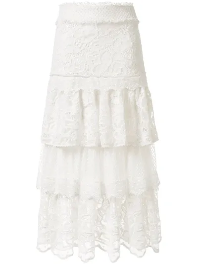 Alexis Atropos Embroidered Tiered A-line Skirt In White