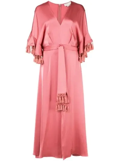 Sachin & Babi Jenny V-neck Short-sleeve Tassel-trim Dress W/ Slit In Pink