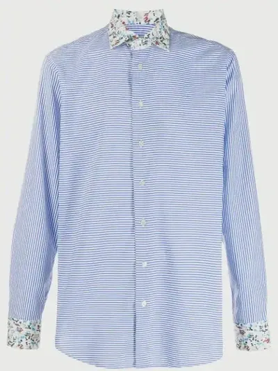 Etro Floral-trimmed Striped Shirt In Blue