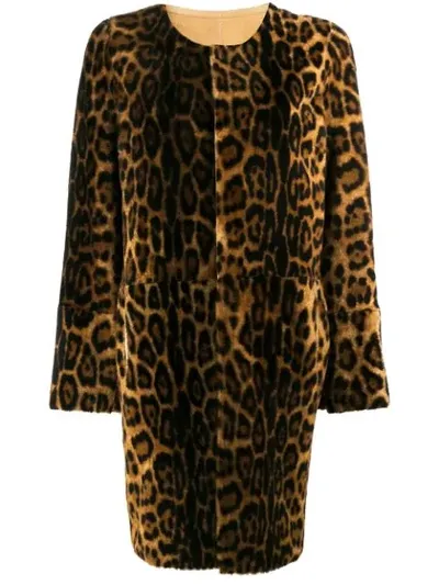 Yves Salomon Leopard Print Shearling Coat In Brown