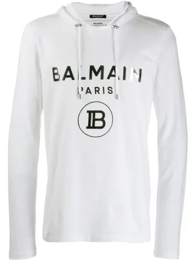 Balmain Logo Print Hooded T-shirt In White