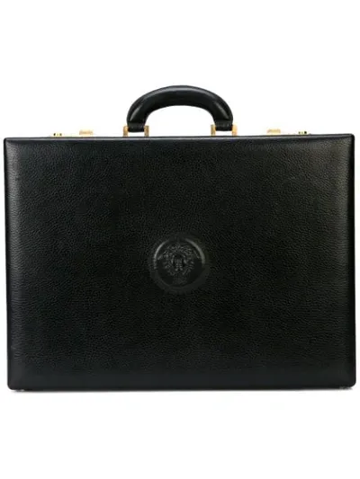 Pre-owned Versace Logo Embossed Briefcase In Black