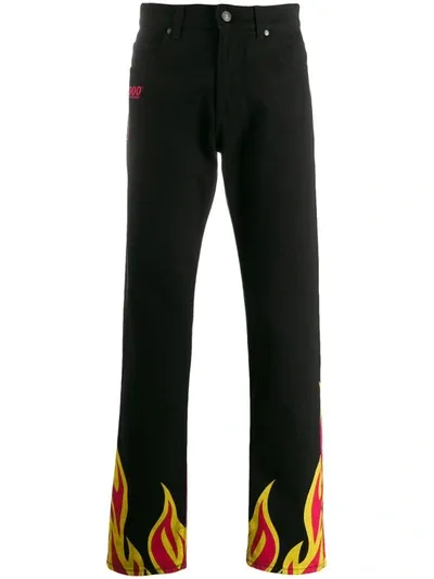 Msgm 19cm Flames Printed Cotton Denim Jeans In Black