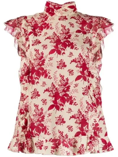 Red Valentino Floral Tapestry-print Sleeveless Ruffle Blouse In Ivory