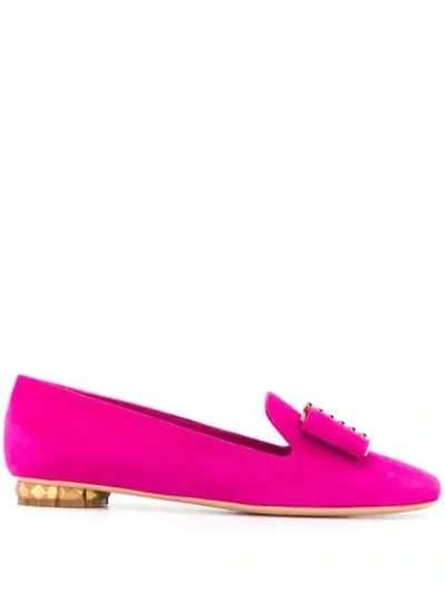 Ferragamo Sarno Flower Heel Suede Loafers In Fuchsia