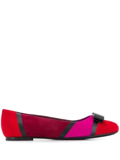 Ferragamo Varina Colorblock Suede Bow Flats In Red