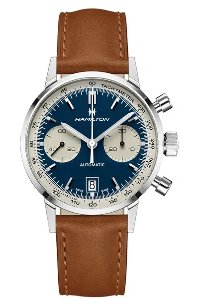 Hamilton Men's Swiss Automatic Chronograph Intra-matic Brown Leather Strap Watch 40mm In Blue / Brown