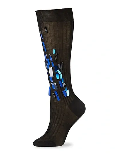 Prada Lisle Embroidered Cotton Socks In Nero Blue