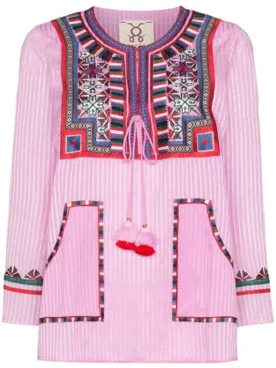 Figue Lily Tasseled Embroidered Striped Voile Top In Pink