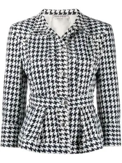 Alexander Mcqueen Houndstooth-print Denim Peplum Jacket In White