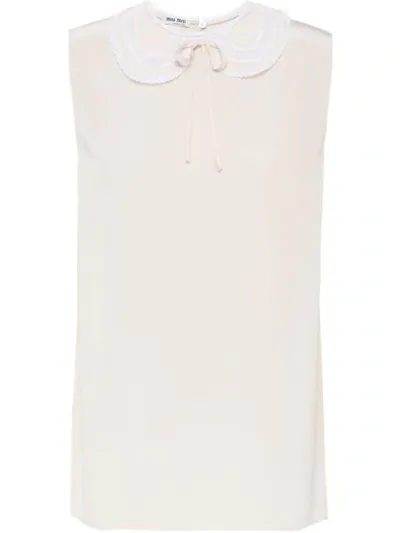 Miu Miu Crepe De Chine And Lace Top In Neutrals