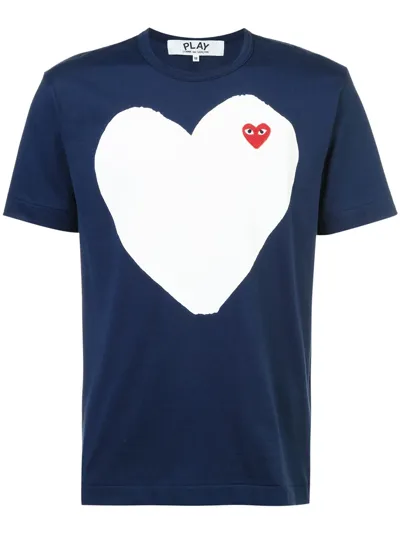 Comme Des Garçons Play White Heart Crewneck Short Sleeve Tee In Navy