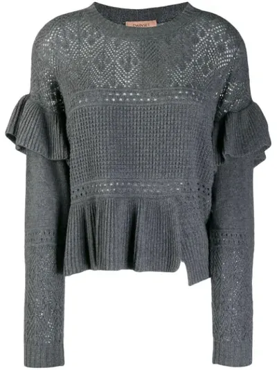 Twinset Ruffle Knitted Panel Jumper In Grey