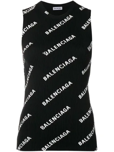 Balenciaga Logo-print Ribbed-knit Sleeveless Top In Black