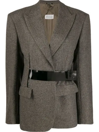 Maison Margiela Half Belt Herringbone Blazer In Grigio