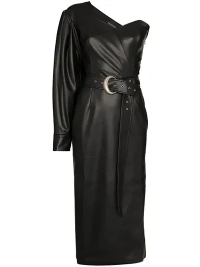 Anouki Faux Leather One-shoulder Dress In Black