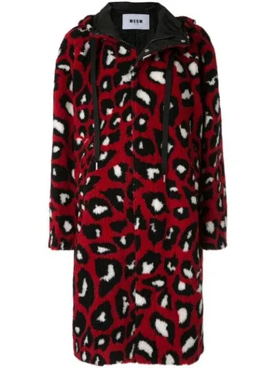 Msgm Faux Fur Leopard Print Parka In Red