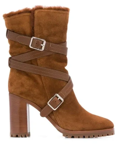 Gianvito Rossi 85 Buckled Leather-trimmed Suede Ankle Boots In Tan