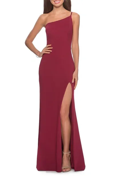 La Femme One-shoulder Jersey Gown In Burgundy